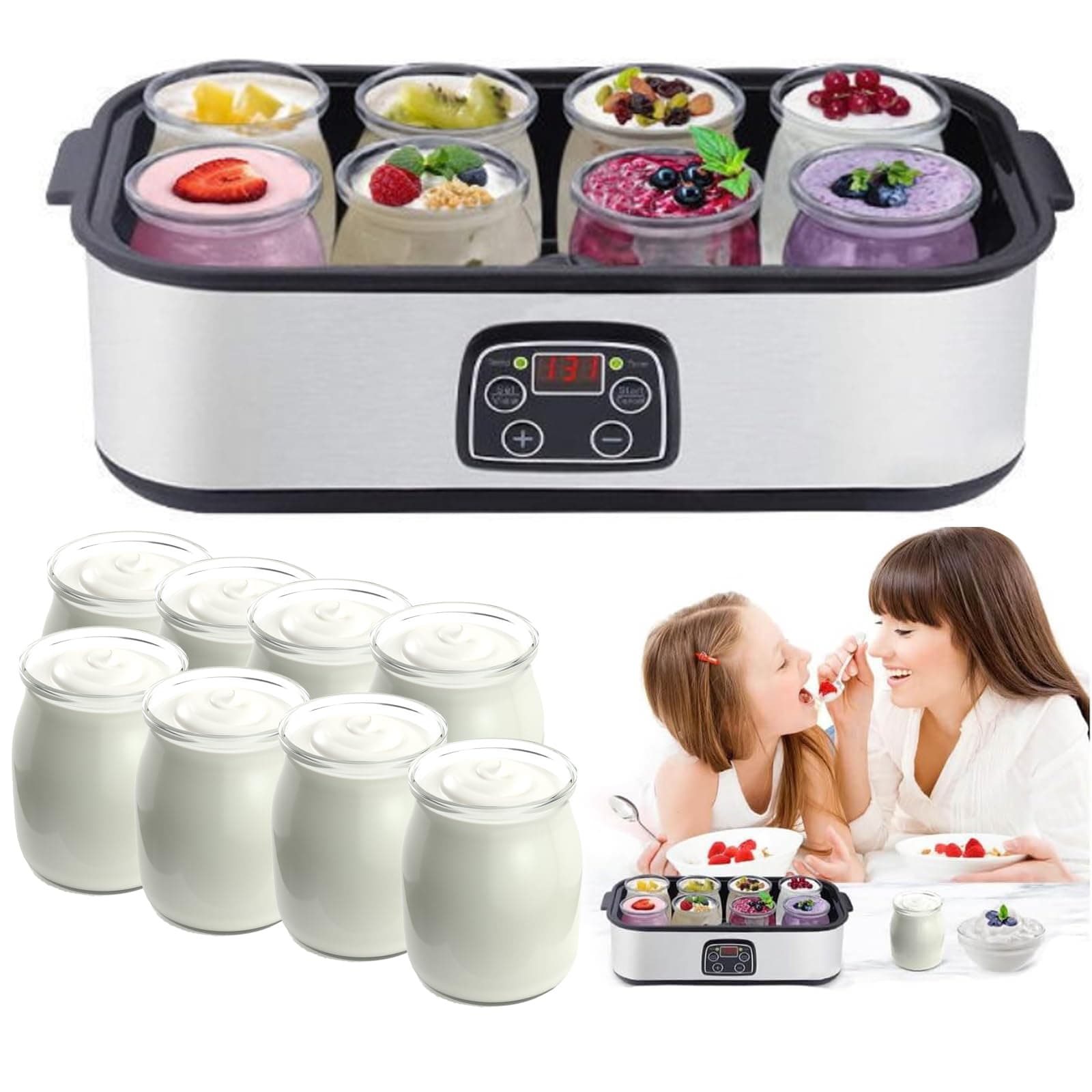 Electric Yogurt Maker with LCD Display, 1400ML Automatic Yogurt Maker Machine with 180ML Glass Containers, Adjustable Temperature and Time Control, Perfect Health Gift for Men Women
