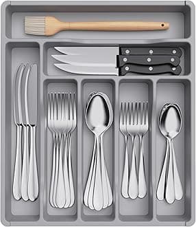 Lifewit Cutlery Drawer Organiser, Plastic Cutlery Tray for Kitchen Drawer, Utensil Flatware Silverware Holder Divider for Spoons Forks Knives Tableware, 7 Compartment, GreyRecycled Claim Standard 100
