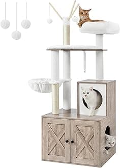 2-in-1 Modern Cat Tower, Cat Condo with Scratching Posts, Removable Pompom Sticks, Washable Cushions, Greige PCT113G01
