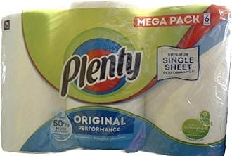PLENTY Kitchen Towel, 6 White Rolls, 600 Sheets of Kitchen Roll, 2-Ply Tissue