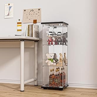 FANYUSHOW 3-Shelf Glass Display Cabinet with Mirrored Back, Upgraded Quick-Install Style Curio Cabinets 5mm Tempered Glass Bookshelf for Bedroom, Living Room 49.1”x 16.7”x 14.3” Black