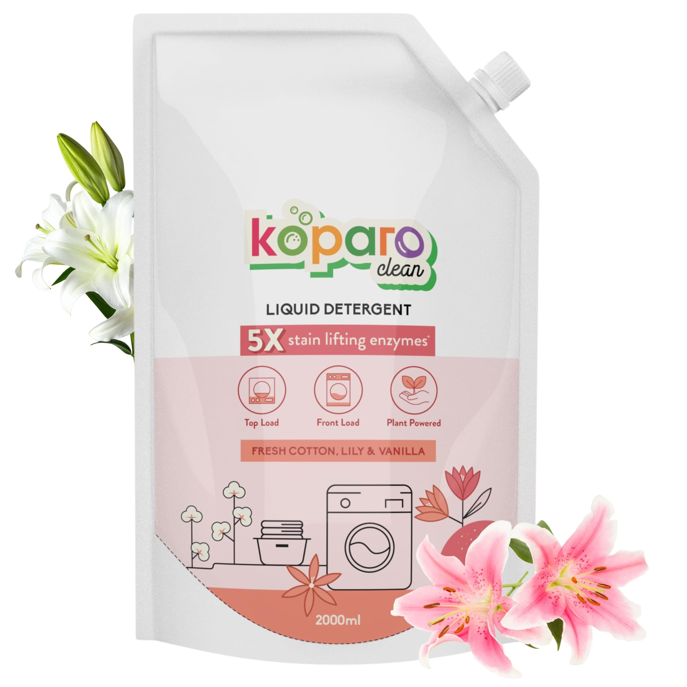 Koparo Liquid Detergent | 2 Litre | Top Load & Front Load Washing Machine Liquid Detergent | Organic Bio-Enzymes Laundry Detergent | Tough on Stains, Safe for Kids & Sensitive Skin | Lily & Vanilla