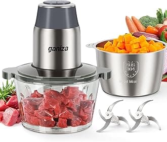 Food Processors, Electric Food Chopper with Meat Grinder & Vegetable Chopper - 2 Bowls (8 Cup+8 Cup) with Powerful 450W Copper Motor - Includes 2 Sets of Bi-Level Blades (Grey)