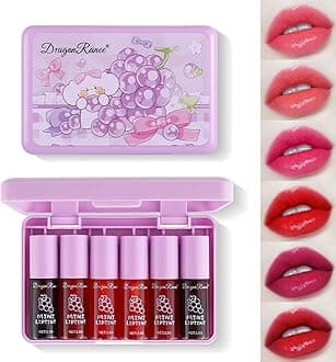 6 Colours Lip Tint Stain Set Mini Liquid Lipstick Moisturising Lip Stain Hydrating Lip Gloss Long Lasting Liquid Glaze Make Up Waterproof Lightweight Natural
