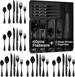 JUNLIN 49 Pieces Black Silverware Set with Steak Knives, Stainless Steel Silverware with Organizer Flatware Utensils Set for 8, Forks and Spoons Silverware Set Cutlery Set