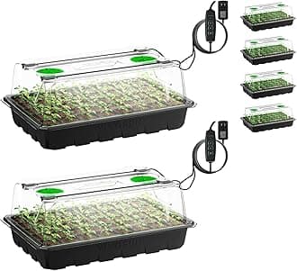 6-Pack Seed Starter Trays, 240-Cell Seed Starter Kit with 2 Set of LED Lights, 3.6" Higher Cover, Adjustable Vents, Drainage Holes, Green Propagation Tray for Planting Seed, 40 Cells x 6 Packs