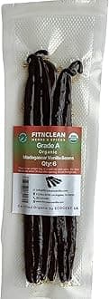 FITNCLEAN HERBS AND SPICES 6 Organic Vanilla Beans Madagascar Grade A for Extract, Cooking Baking by VANILLA| Certified USDA Organic. 6-7.5 Bourbon Fresh Gourmet NON-GMO Whole Pods.