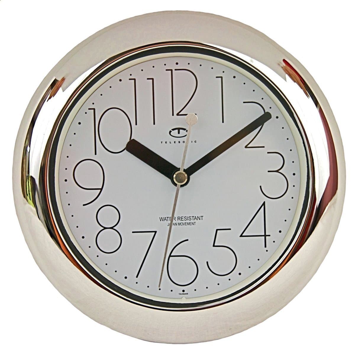 Telesonic Water Resistant Wall Clock with Quiet Sweep Movement - Silver