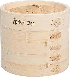 Helen's Asian Kitchen Bamboo Food Steamer With Lid, 6 Inch, 2 Tier Basket For Dumplings, Bao, Vegetables, Fish, And Rice