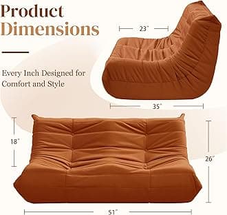 Bean Bag Chair, Loveseat Fireside Chair Bean Bag Sofa for Adults, 2 Seater Bean Bag Chairs for Teens w/High-Resilience Foam, Memory Foam Bean Bag for Living Room, Bedroom, Office (Suede,Burnt Orange)