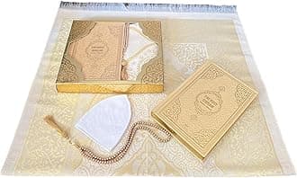 English Translate Thermo Leather Covered Quran, Tafta Prayer Mat, Pearl Breads and Luxury Gift Box 4 Pieces Set, Great Ramadan Gifts for Muslim Men and Women Gift (1 Sets, Gold)