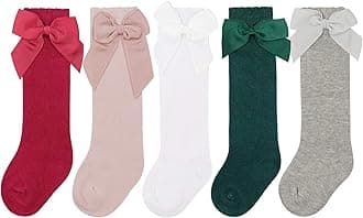 5 Pack Baby Knee High Socks Cable Knit Long Cotton Stockings with Bow Toddler Dress Socks for Baby Infant Boys Girls, 5 Pairs: Red, White, Green, Grey, Pink, 9-18 Months