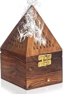 WOOD ART STORE Wooden Pyramid Shape Incense Box Hoder Stand with Drawer | Wooden Agarbatti Stand with ash Catcher for Home Office | Incense Sticks Holder (Large)