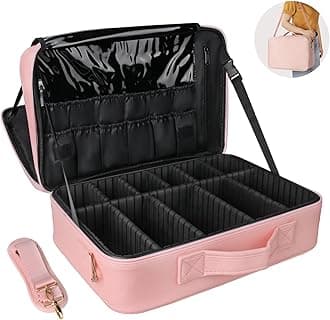 MONSTINA Cosmetic Bags 3 Layer Cosmetic Organizer Makeup Case Beauty Artist Storage Brush Box with Shoulder Strap (Large, PU Leather pink)
