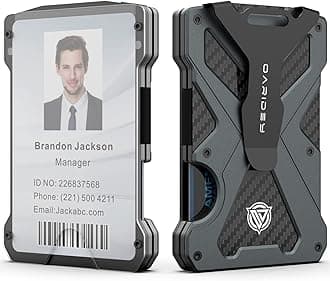 Minimalist Wallet for Men- Slim Aluminum Metal Money Clip Wallet with Clear ID Card Holder, Carbon Fiber Wallet, RFID Blocking, Holds up 15 Cards with Cash Clip, Ultra-Thin Tactical Wallet, Dark Grey,