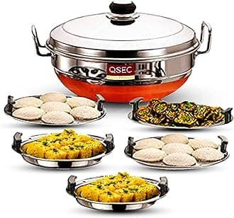 QSEC Stainless steel Multi Purpose Kadai with 5 Plate Idli Maker with 5 Plates Idli Cooker Kadai Steamer with Copper Bottom All-in-One Big Size 5 Plate (Silver)