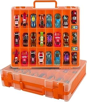 Toy Car Storage Organizer Case Compatible with Hot Wheels/for Matchbox Cars. Display Carrying Container Holder for LOL Surprise Dolls/for Shopkins with 48 Compartments Double Sided -Orange (Box Only)