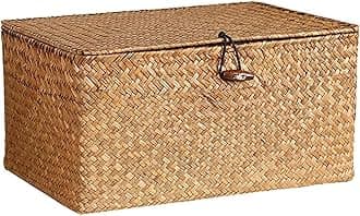 PYEBE Shelf Baskets Bin with Lid, Handwoven Seagrass Basket Storage Bins Rectangular Household Basket Boxes for Shelf Wardrobe Home Organizer (Caramel, Medium)