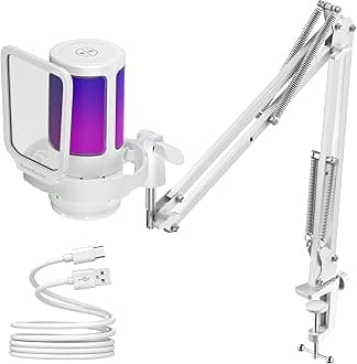 InnoGear Gaming USB Microphone, AI-Noise Cancelling Condenser Mic with Mute, Gain, RGB Indicator, Boom Arm Stand for Streaming, Podcast, Twitch, YouTube, Discord, PC, Computer, PS4, PS5, Mac, White