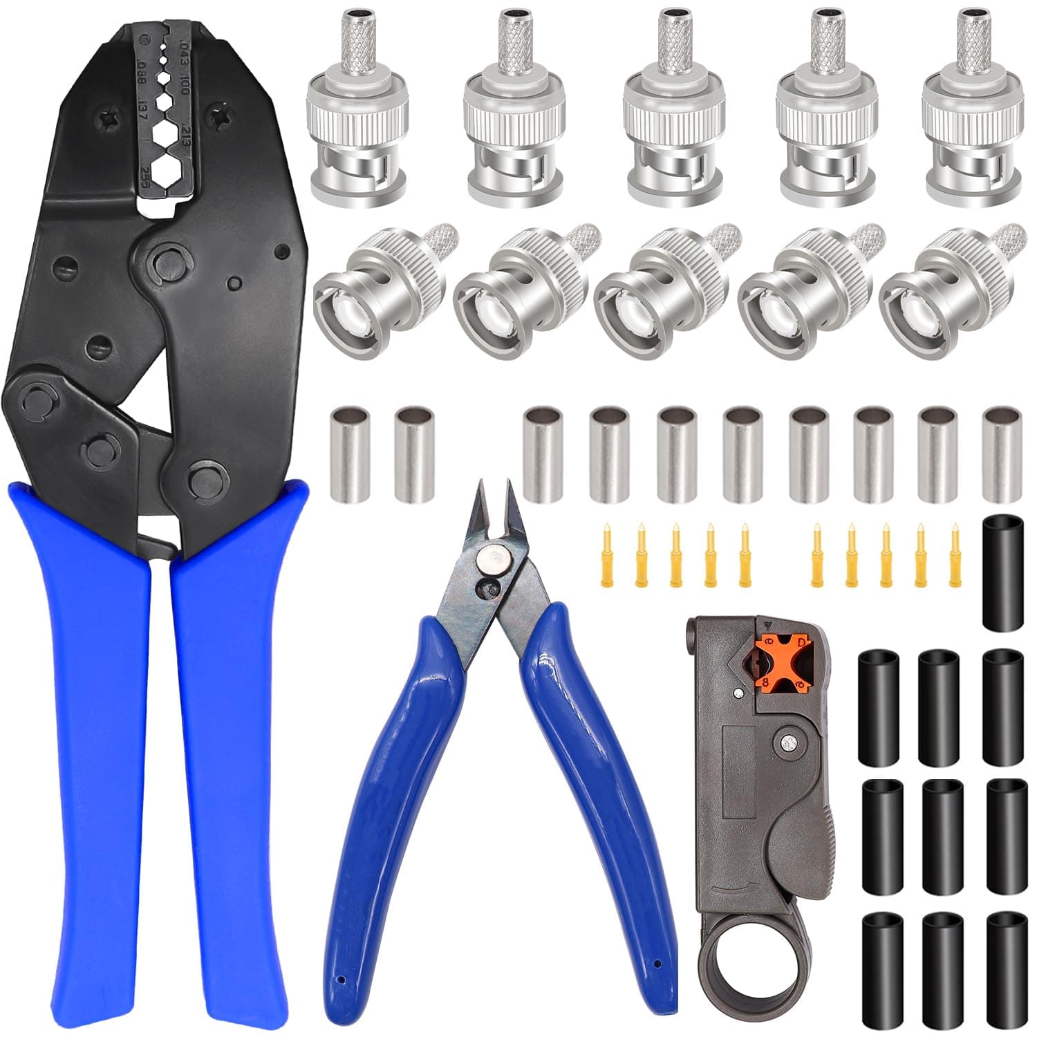 Taiss Coaxial Cable Tool Kit BNC Crimp tool with 10PCS BNC Male Crimp Connector,Coaxial Cable Stripper Cutter,Wire Cable Cutter and Heat Shrink Tube for RG58/RG59/RG62/RG174