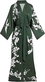 Aensso Long Soft Lightweight Silky Kimonos Robes for Women, Luxury Japanese Floral Womens Kimono Robe, Green Flowers, One Size