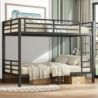 Twin XL Over Twin XL Bunk Bed Frame, Heavy Duty Metal Loft Bed for Adults/Teens, 350/500LB Capacity w/Ladder & Guardrail, Noise-Free Steel Slats, No Box Spring Required, Black