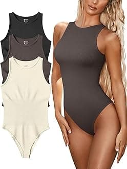 FUNNYBSG Women’s Sexy Ribbed Bodysuit Tops - 3 Piece Sleeveless Halter Neck Bodysuits with Tummy Control (Color : Black Tea Leaf Beige, Size : L)
