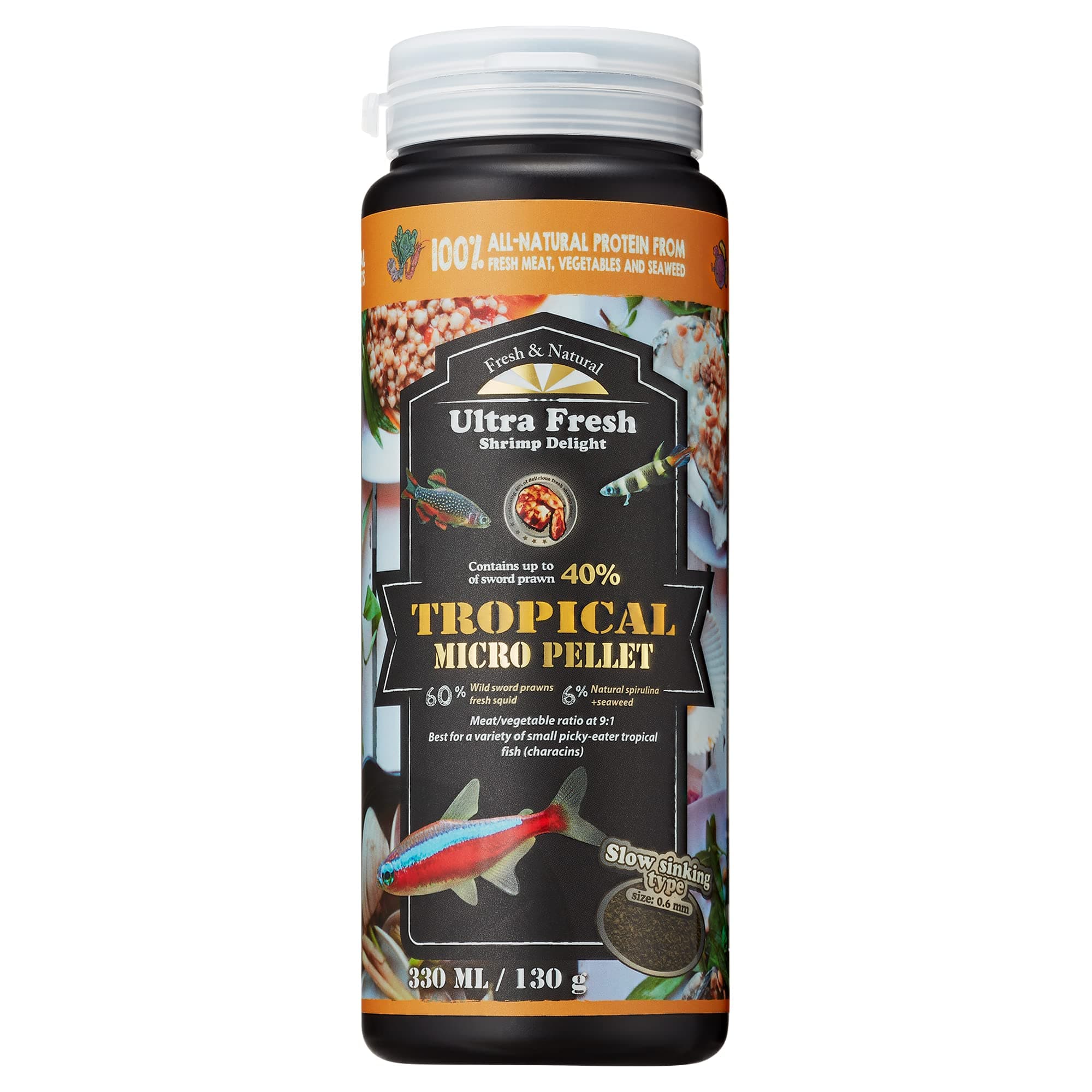 Tetra Fish Food, Slow Sinking, All Natural Ingredients, Wild Sword Prawns, Spirulina, Natural Color Enhancement, Small Granules for Small Fish, Tropical Micro Pellet 4.6 oz