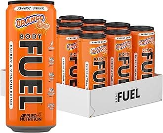 BodyFuel Energy & Vitamins Drink - Fast Energy, Energy Drink, Sugar Free with Caffeine (Pack of 12 Cans x 330ml) (Orange)