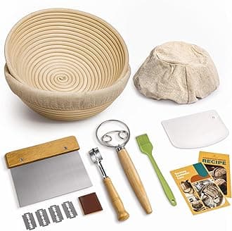 Rorecay Banneton Bread Proofing Baskets Set of 2, 9 Inch Round Cane Sourdough Bread Rising Basket Bowls with Sourdough Bread Making Tools Baking Supplies for Sour Dough Proofing Fermentation