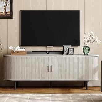 ONBRILL 63" TV Stand with Power Outlet for TVs up to 70 Inch, Entertainment Center with Storage and Adjustable Shelves, Modern Media Console with Sliding Doors for Living Room, Natural White