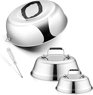 Cheese Melting Dome Set of 3, Leonyo 12"-9"-6.5" Metal Steam Basting Cover for Griddle Grill, Heavy duty Stainless Steel Griddle Accessories for BBQ Flat Top Kitchen Cooking Hamburger, Heat Proof Grip