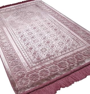 Modefa Velvet Prayer Rug - Soft Plush Turkish Janamaz Sajada Carpet for Men and Women - Plain Solid Prayer Mat Ramadan Eid Gift - with Prayer Beads - Luxury Floral Stamp (Dark Pink)