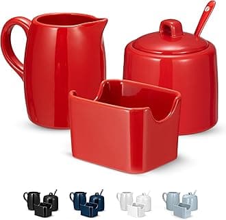 KooK Sugar and Creamer Set, 3 Piece, Pitcher, Sugar Bowl with Lid and Spoon, Sweetener Holder (Red)