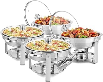 ROVSUN 5Qt 4 Pack Chafing Dish Buffet Set, NSF Stainless Steel Round Chafers for Catering, Buffet Servers and Warmers Set with Glass Lid & Lid Holder, Thick Stand Frame for Wedding Party Banquet Event