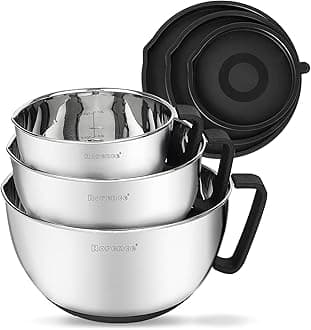 Rorence Stainless Steel Non-Slip Mixing Bowls With Pour Spout, Handle and Lid, Set of 3, Black