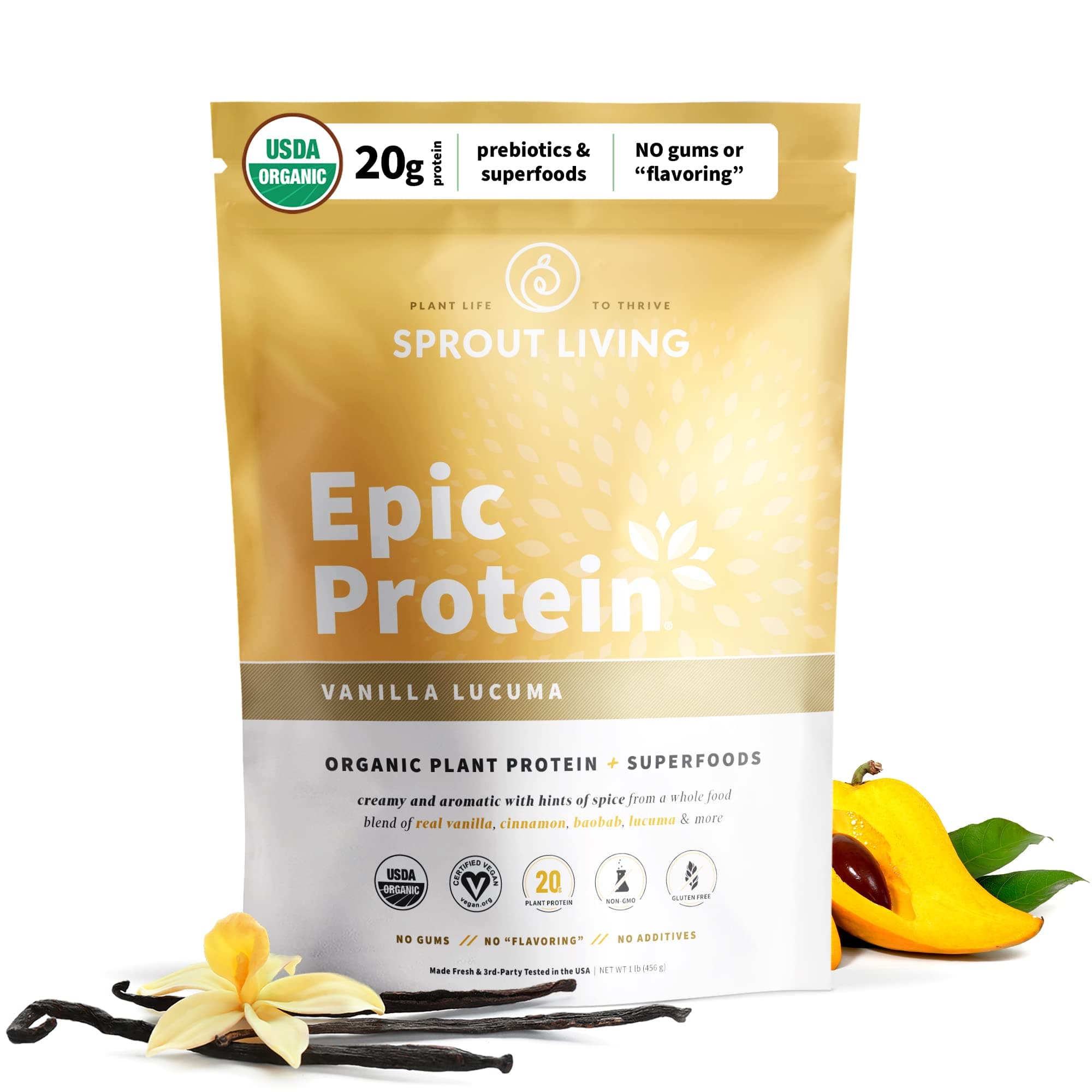 Sprout Living Epic Protein, Plant Based Protein & Superfoods Powder, Vanilla Lucuma Powder | 20 Grams Organic Protein Powder, Vegan, Non Dairy, Non-GMO, Gluten Free, Low Sugar (1 Pound, 12 Servings)