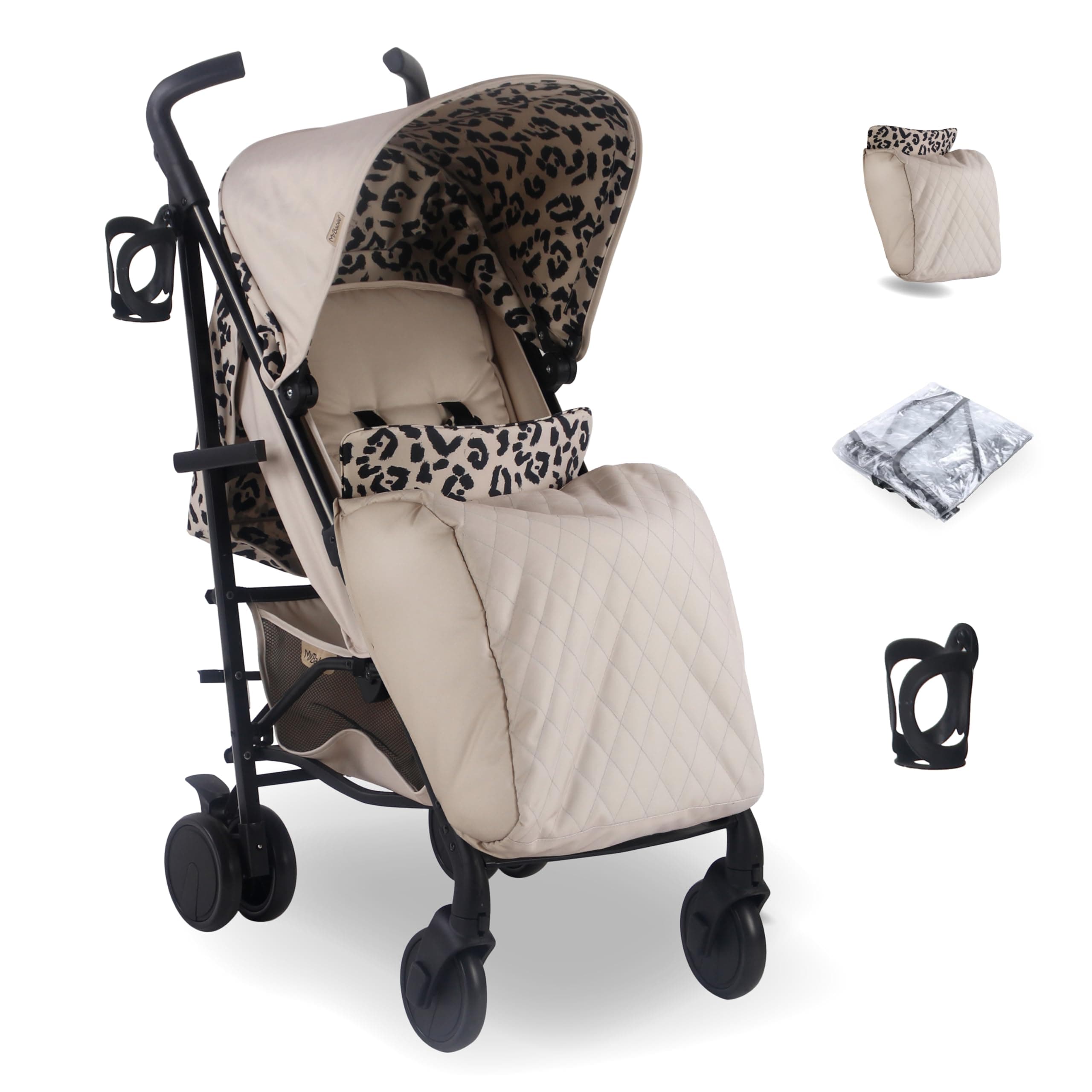 MB51 Dani Dyer Leopard Lightweight Stroller, Sturdy & Protective, Lightweight Frame, Comfort, Manoeuvrability, Suitable from Birth to Maximum 22kg, with Cup Holder, Rain Cover and Footmuff
