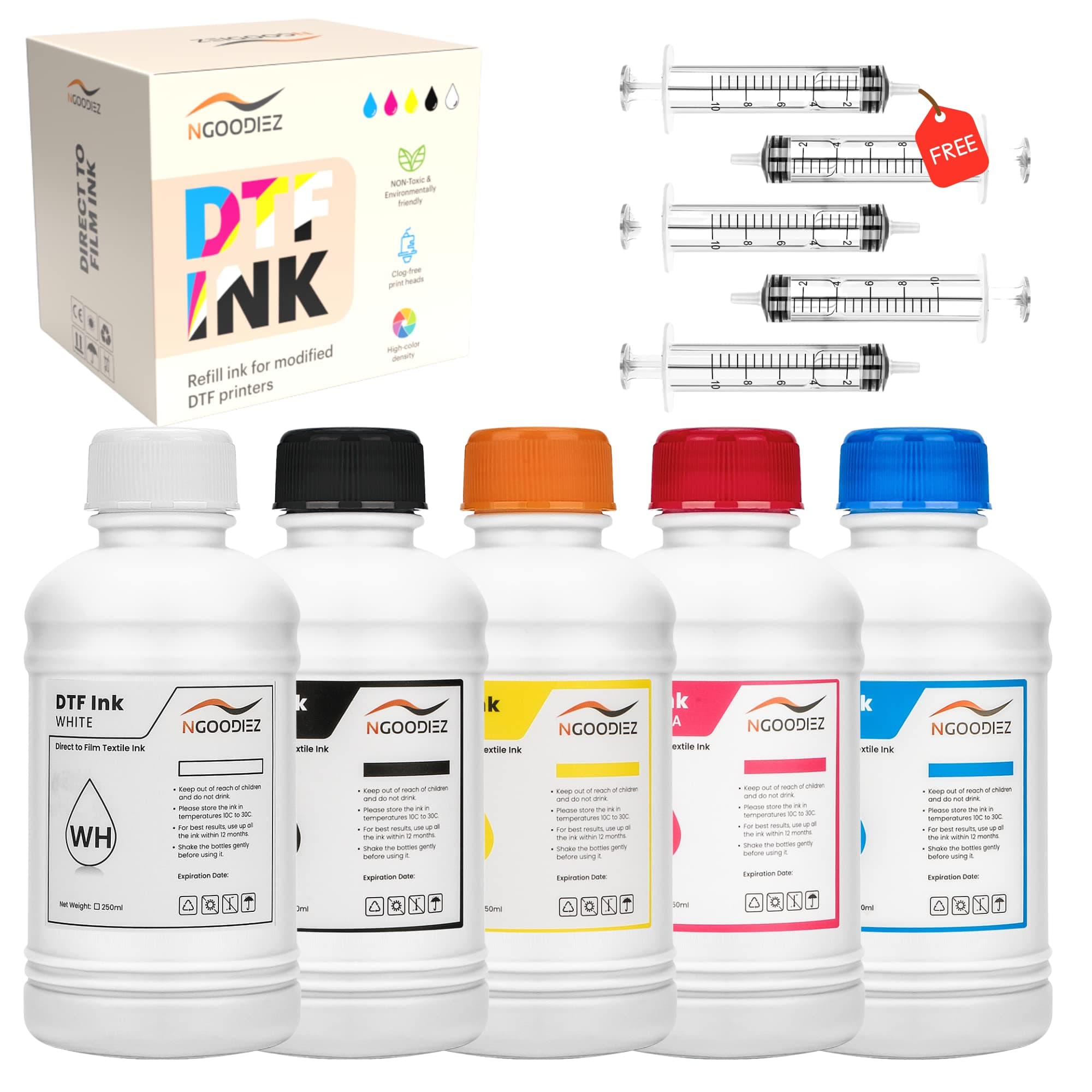 NGOODIEZDTF Ink Refill for DTF Printer Conversion Kit Direct to Film Printing on T-Shirt (5x250 ml)