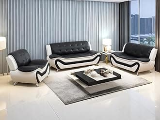 Leather Couches, Living Room Couch Set, Sofa for Bedroom, Apartment, Living Room Furniture Sets a-Leather (Black&White, Sofa+Loveseat+Chair)