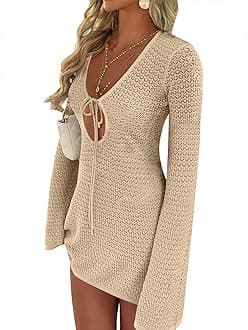 Swimsuit Cover Up for Women Crochet Bathing Suit 2026 Summer Swimwear V Neck Mesh Knit Dress Beach Vacation Clothes