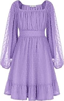 GRACE KARIN Girls Ruffle Tiered Dress Long Sleeve Swiss Dot Flowy A-Line Dress 6-14Y