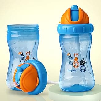 Baybee Zoo Baby Straw Sipper Bottle 340ml | Anti Spill Sippy Cup with Soft Silicone Straw BPA Free & Non Toxic for Baby/Kids/Infant/Toddler of 6+ Months | Soft Silicone Spout Sipper Water Bottle(Blue)