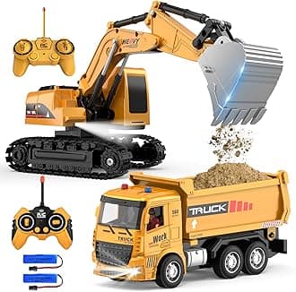 MQDMINI Remote Control Excavator and Dump Truck Toy Set - RC Construction Vehicles Toy with Barricades, Road Signs, Simulated Rocks, Lights and Sounds, Birthday Gifts for Toddlers 3-12 year Boys Girls
