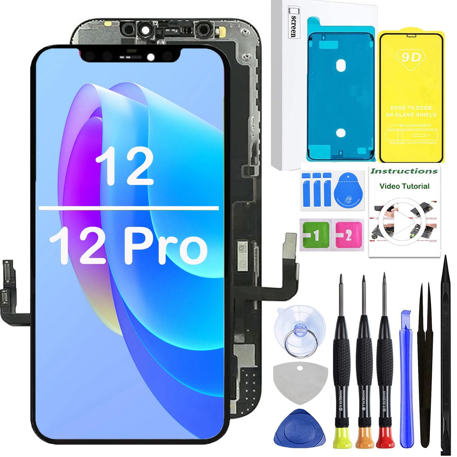 iPhone 12/12 Pro Screen Replacement Screen Assembly Full HD LCD Screen Assembly Compatible with iPhone 12/12 Pro 6.1 inch with Screen Protector and Repair Tools (6.1"-12/12 Pro)