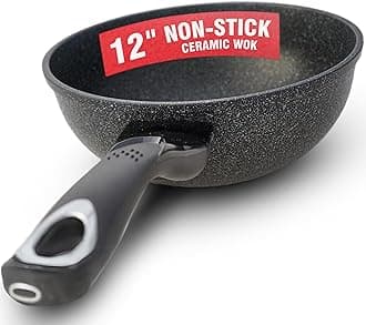 HOME N KITCHENWARE Nonstick Ceramic Wok, Frying Pan - Premium 9-Layered Cookware, Korean Marble-Coated - Easy to Clean Cast Aluminum - Induction Ready for Saute, Stir-Fry, Eggs, Fried Rice 12-Inch