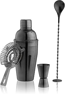 True 4-Piece Cocktail Shaker Set Includes Cobbler Shaker, Strainer, Jigger, Bar Spoon for Classic Cocktails, Mixed Drinks, Cold Brew, Home Bar Tools, Bartender Gifts, Bar Cart Accessories, Black