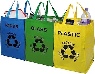 Recycling Bags – Set of 3 Heavy Duty Colour Coded Reusable Paper Plastic Glass Household Recycle Waste Bin Sack Sorting with Strong Handles and Secure Attachments for Home Office Work Garden
