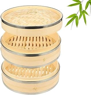 NALACAL 2-Tier 10 Inch Bamboo Steamer Basket with Steel Rings - Large Capacity Dumpling, Vegetable Steamer Basket (10x6.5x10 in)