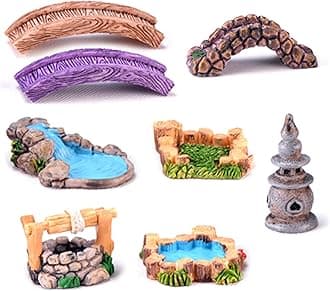 8 Pcs Fairy Garden Accessories Outdoor Resin Miniature Bridge Figurines Mini Lighthouse Tiny Water Well Micro Pond Small Lawn Ornaments Kit for DIY Craft Gift Landscape Dollhouse Succulents Home Decor